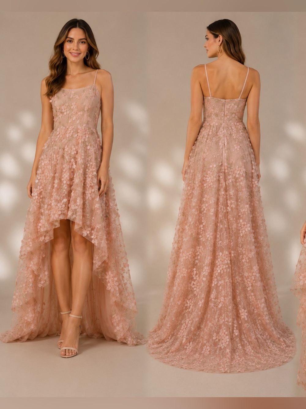 NWT Xscape Blush Pink 3D Floral Appliqué Embroidered Hi/Lo Dress 14